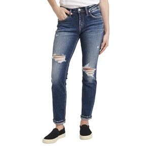 Silver Jeans Boyfriend Distressed ripped mid high rise 11” Blue Jeans Sz 20 crop